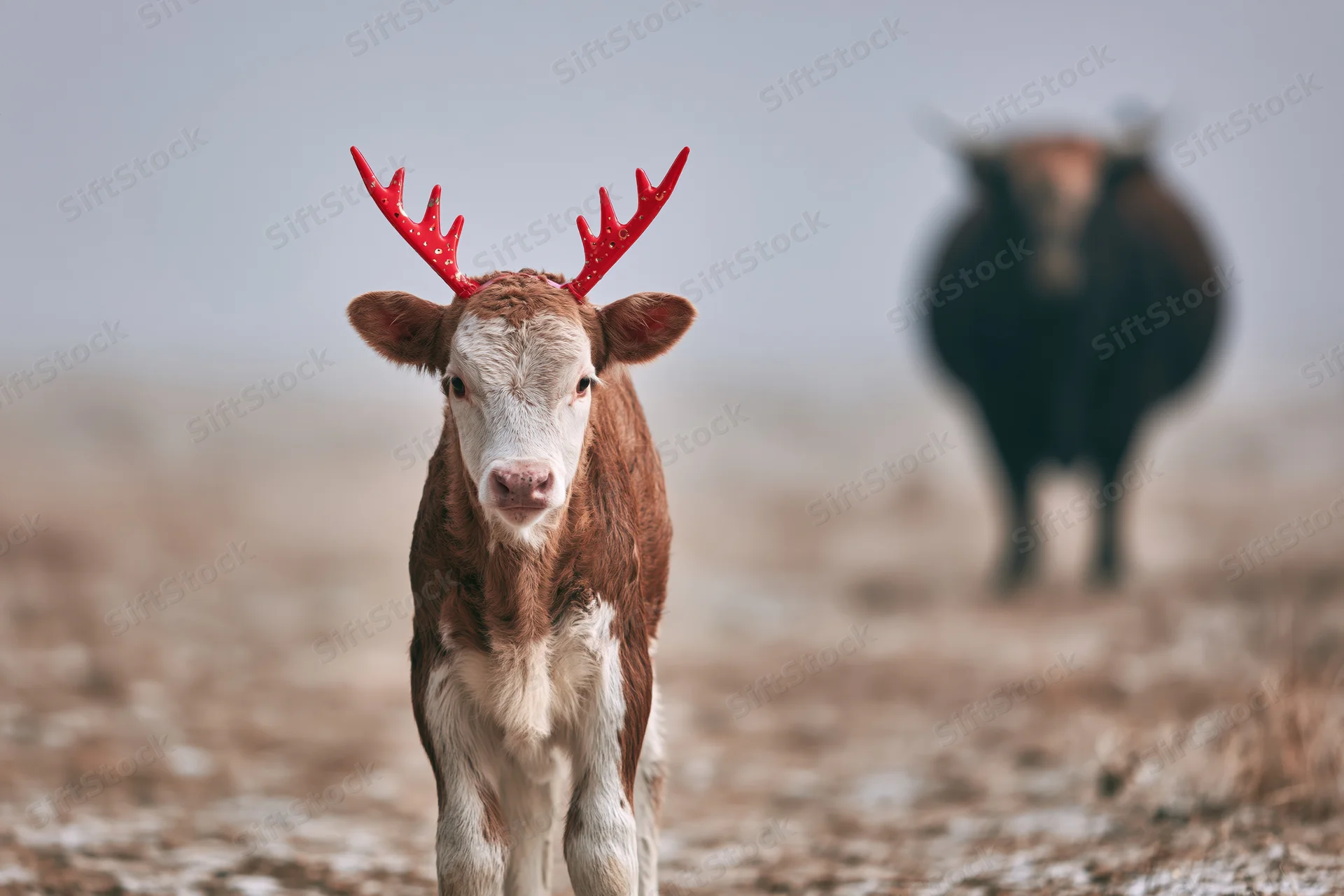 Young calf wearing red antlers standing in snowy field with cow in background
