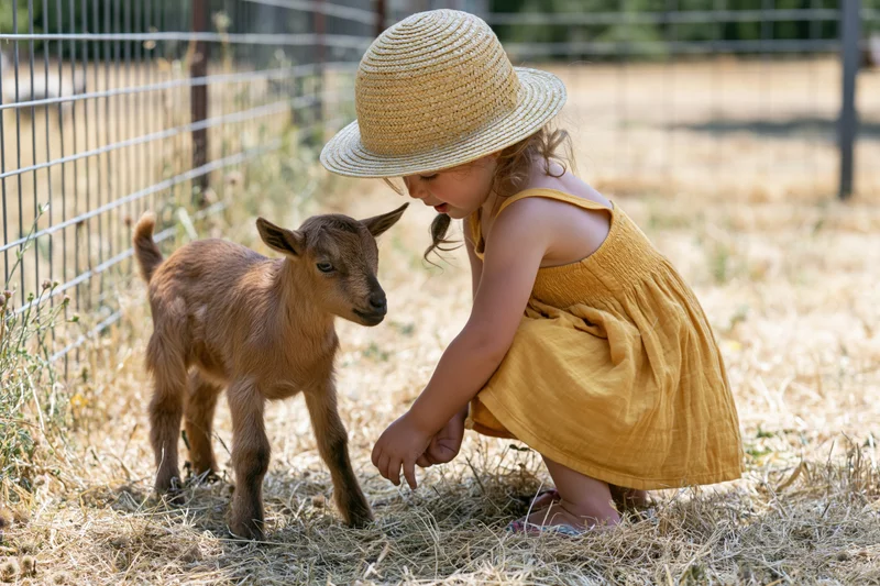 Young girl crouching to interact with a baby goat in a fenced hay field