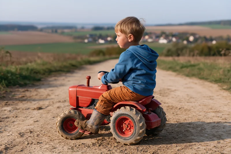 Young boy riding red toy tractor on dirt road in rural countryside