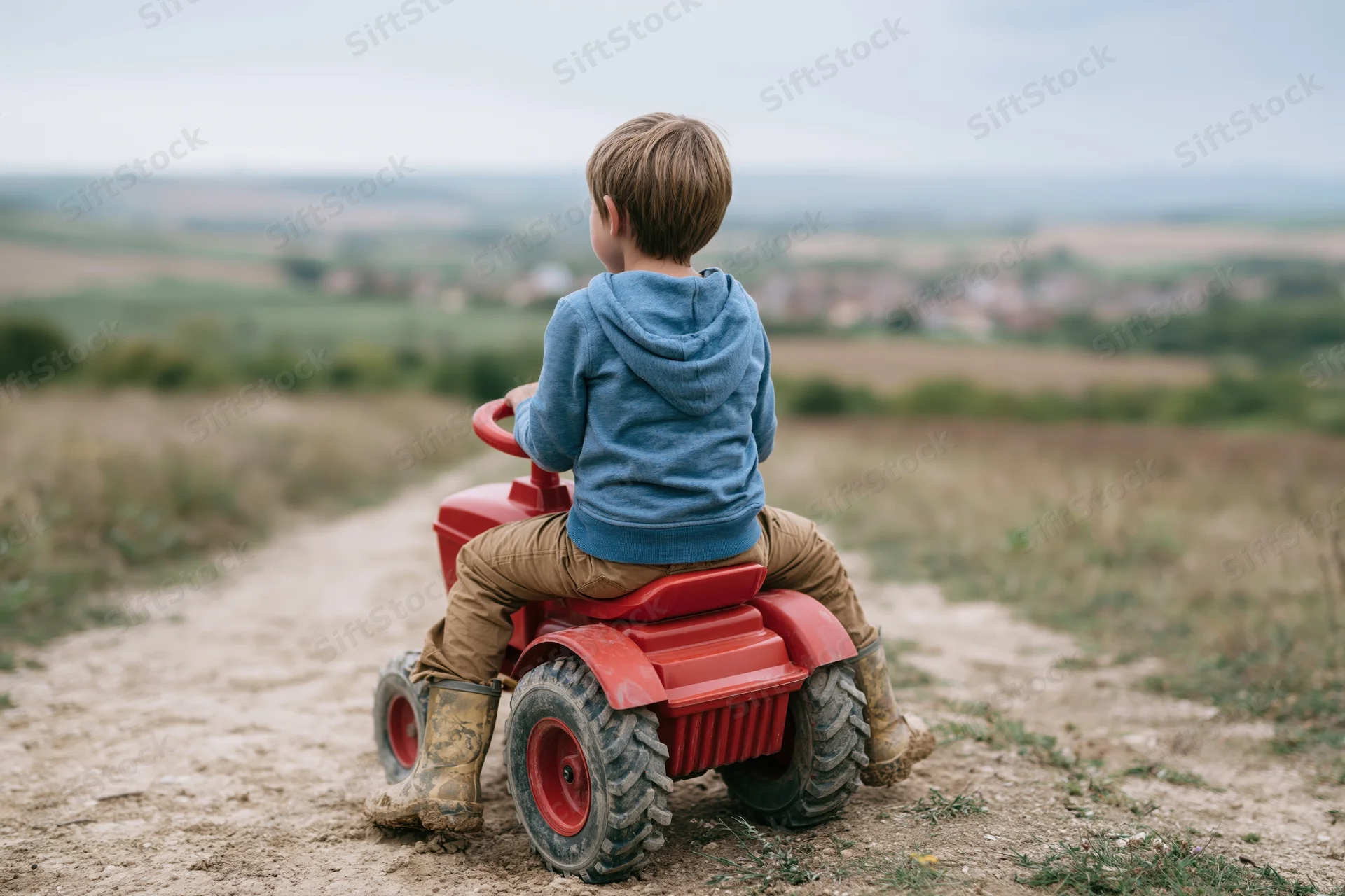 Young boy riding red toy tractor on dirt path in rural countryside