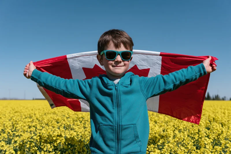 Boy holding canadian flag in canola field on sunny day