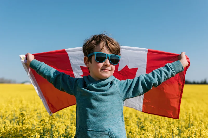 Young boy holding canadian flag in a canola field on a sunny day