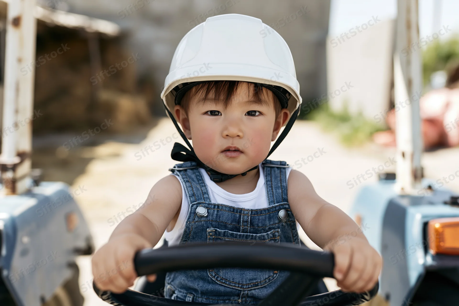 Toddler wearing white helmet and denim overalls gripping steering wheel of toy construction vehicle outdoors