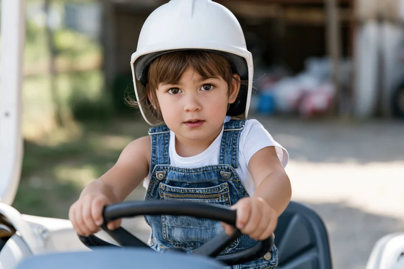 Young girl wearing white safety helmet and denim overalls, gripping steering wheel of toy vehicle outdoors