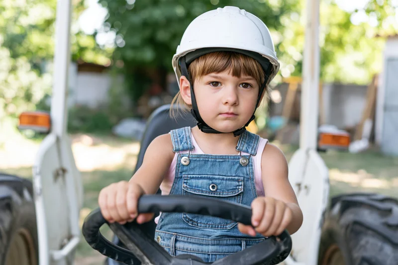 Young girl wearing white helmet and denim overalls, gripping steering wheel of toy tractor in outdoor yard