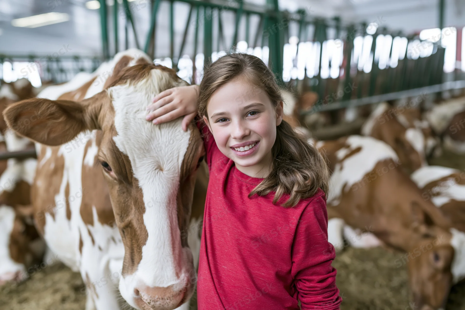 Young girl smiling while petting a brown and white cow in a barn with other cows in the background
