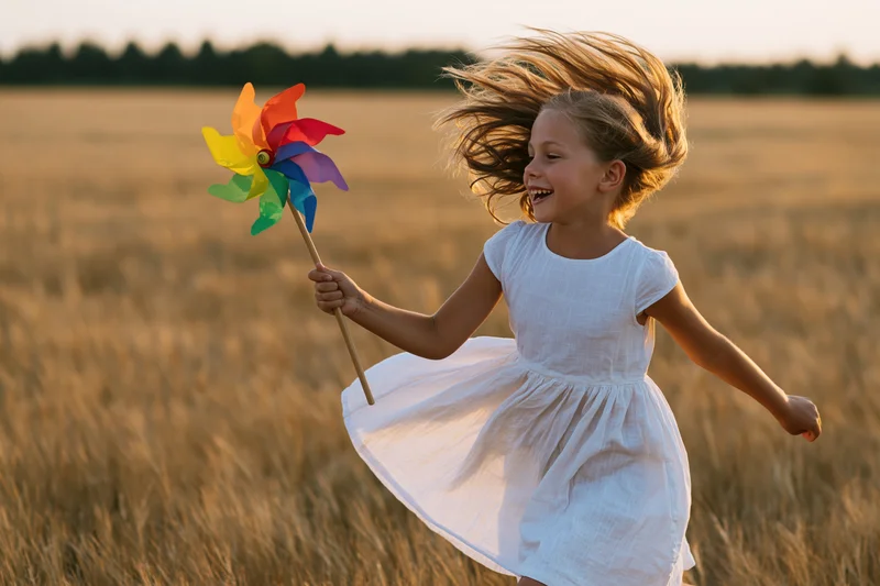 Young girl running with a colorful pinwheel in a golden wheat field at sunset