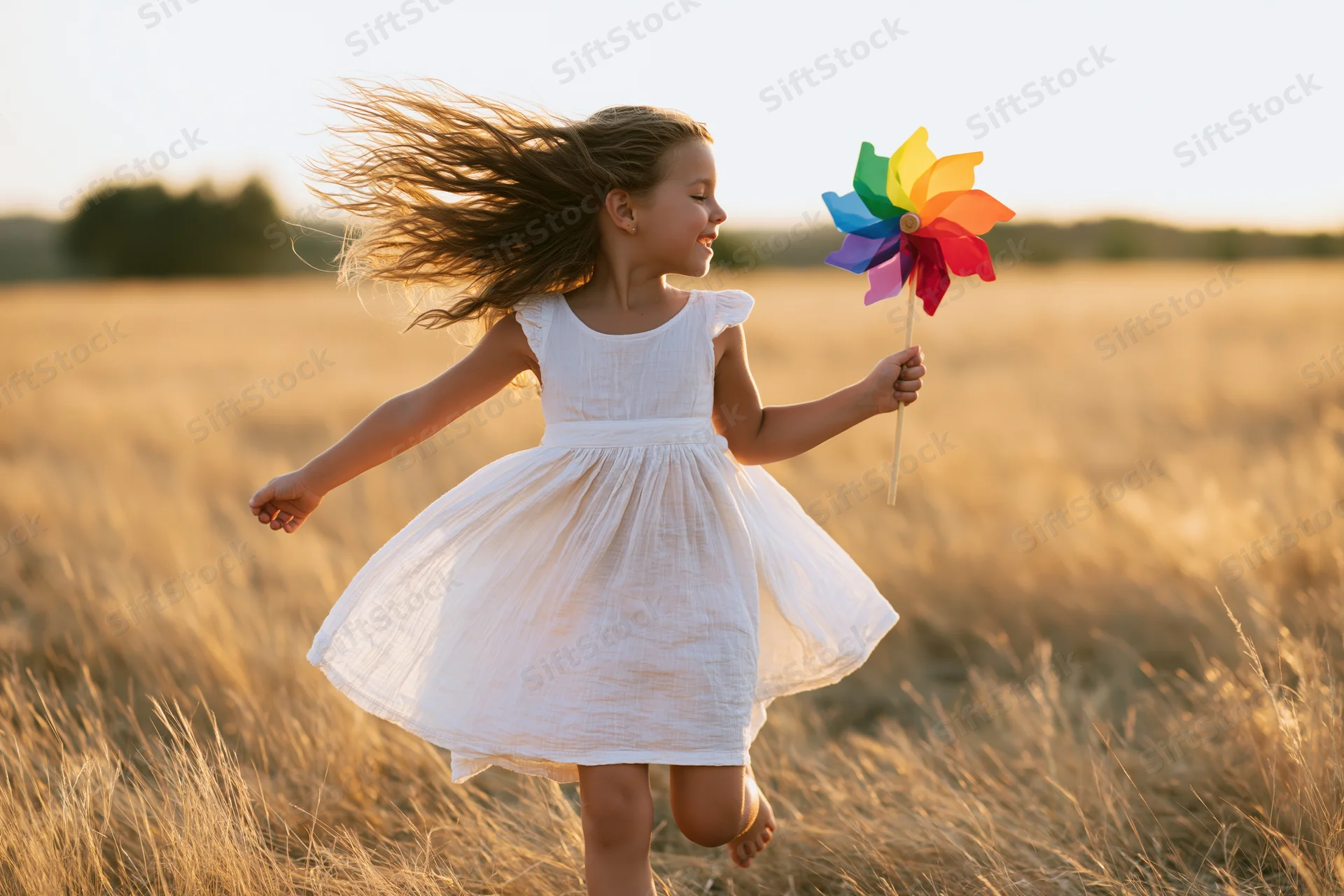 Young girl running through a golden wheat field holding a colorful pinwheel