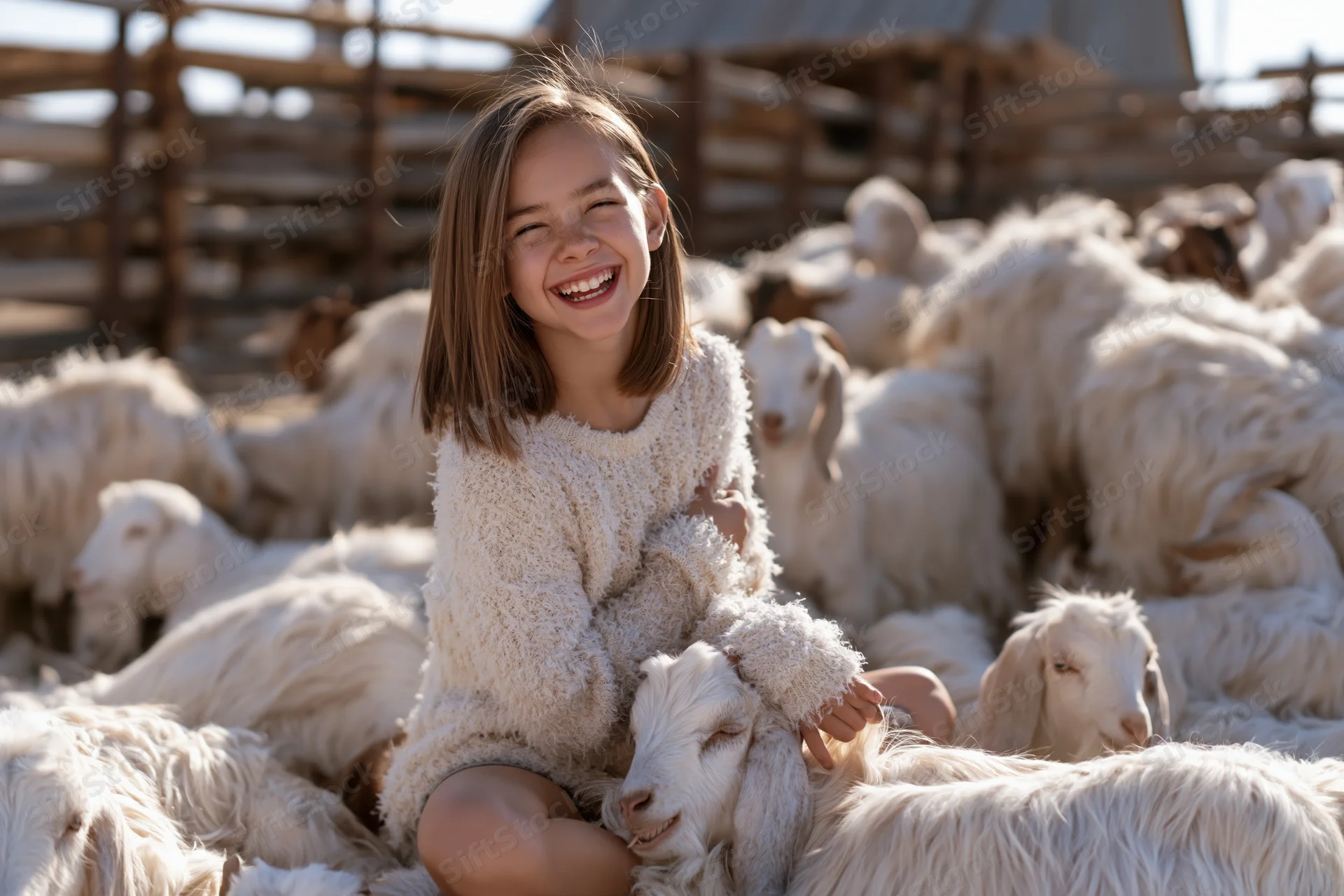 Young girl smiling while sitting among sheep on a farm