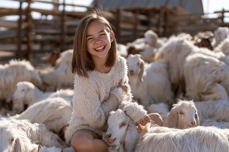 Young girl smiling while sitting among sheep on a farm