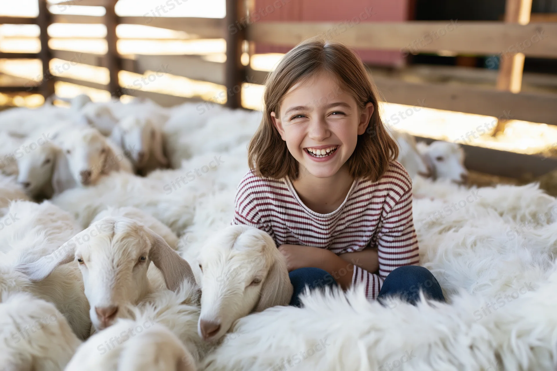 Young girl smiling while sitting among sheep in a barn pen