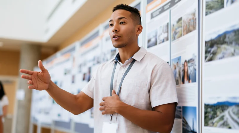 Young man gesturing while presenting architectural designs at a university exhibition