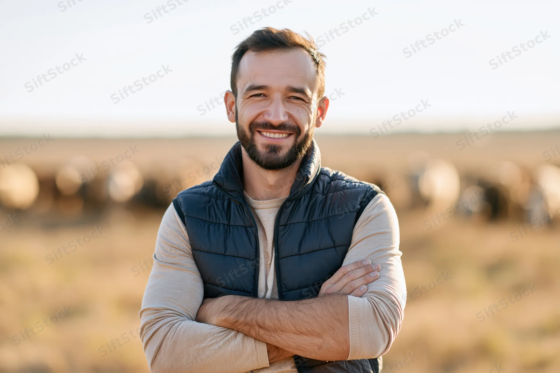 Smiling man with arms crossed standing in a field with hay bales in the background