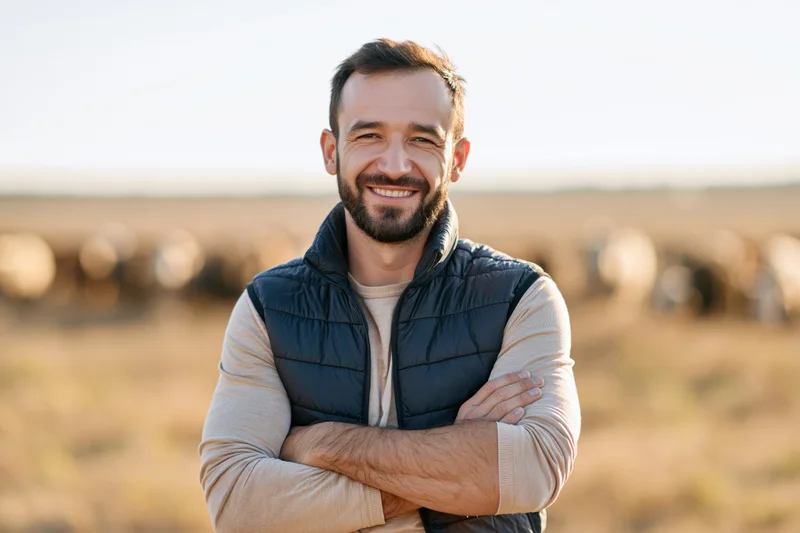 Smiling man with arms crossed standing in a field with hay bales in the background