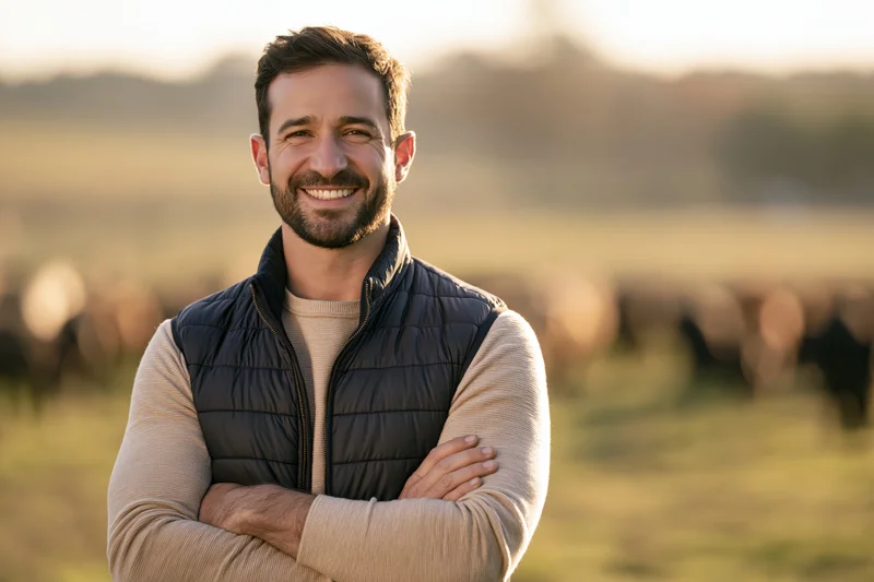 Smiling man with arms crossed standing in a field with cattle in the background at sunset