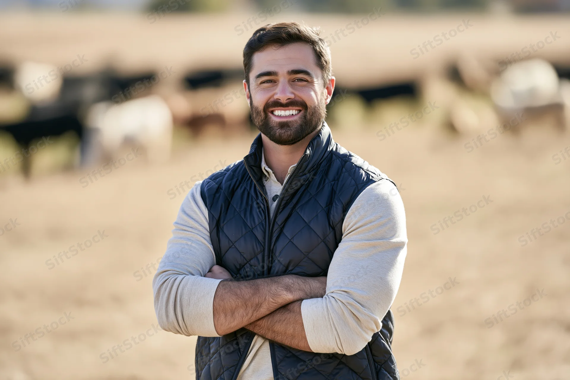 Smiling man with arms crossed standing in a field with cattle in the background