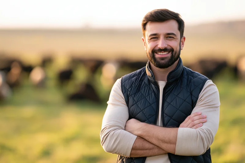 Young man smiling with arms crossed in a field with cattle in the background