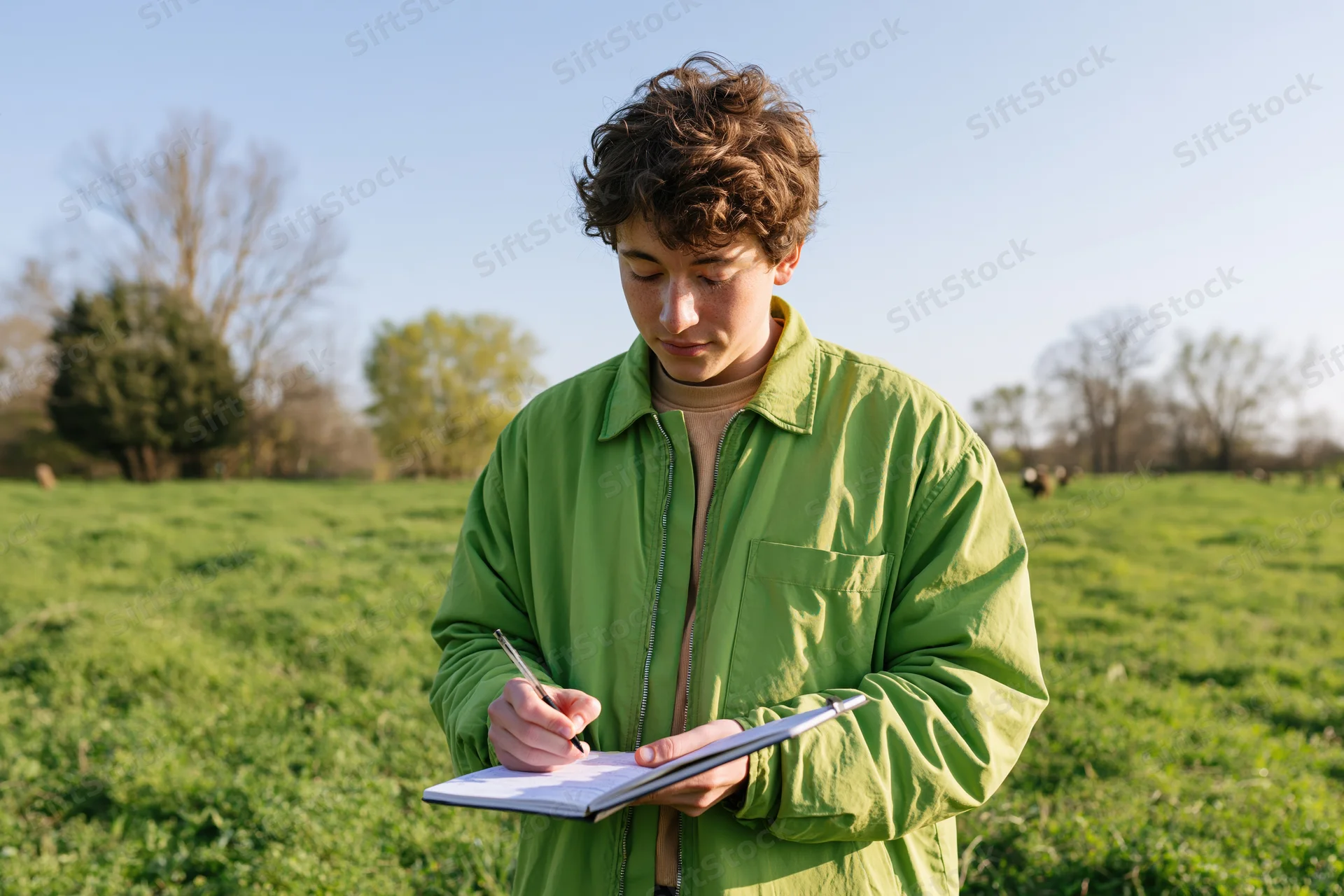 Young man writing in a notebook while standing in a grassy field
