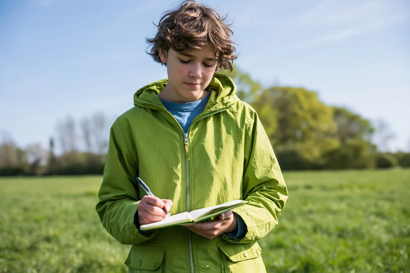 Boy writing in a notebook while standing in a grassy field on a sunny day
