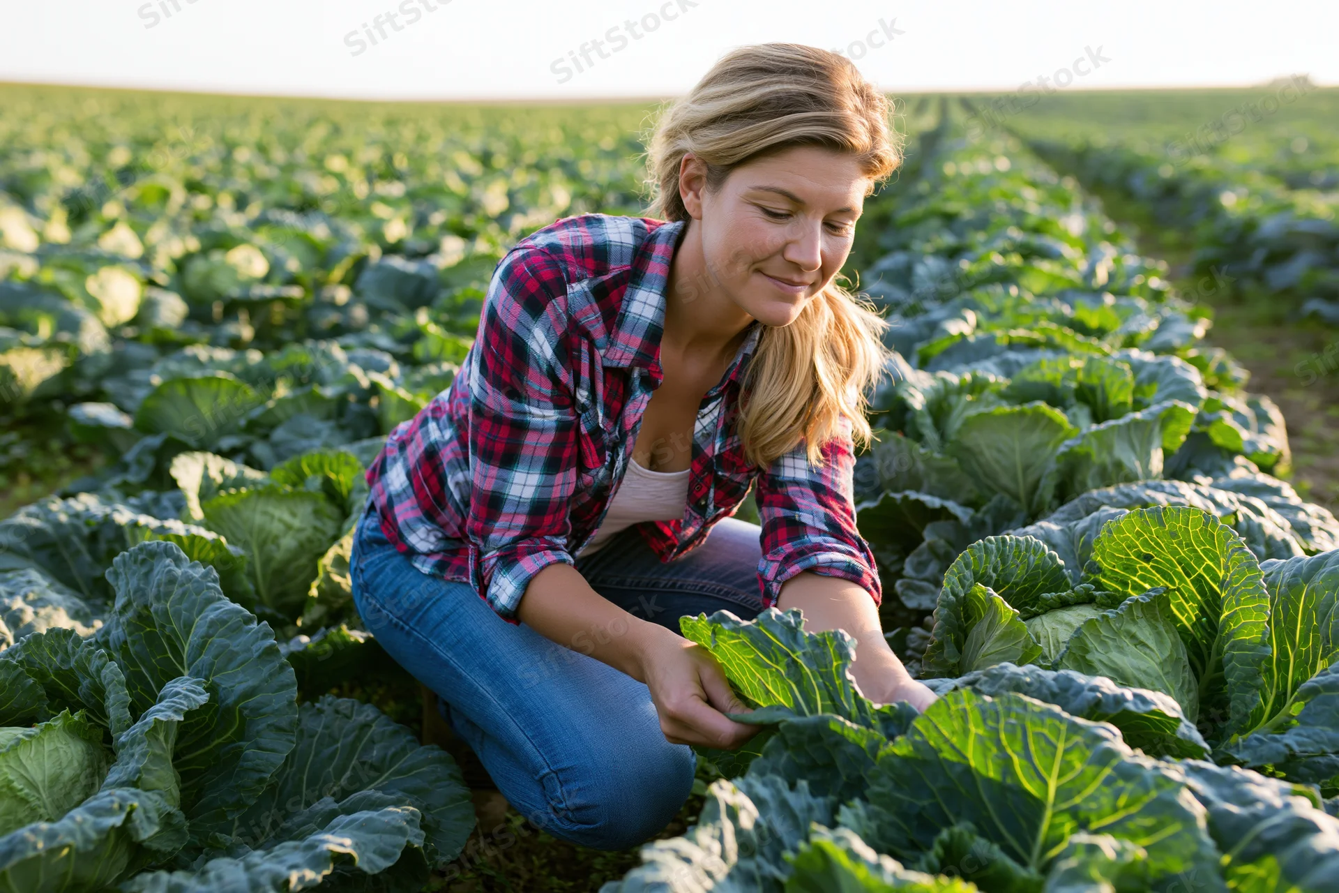 Woman crouching in a cabbage field inspecting plants during daylight
