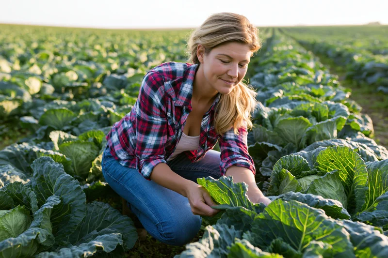 Woman crouching in a cabbage field inspecting plants during daylight