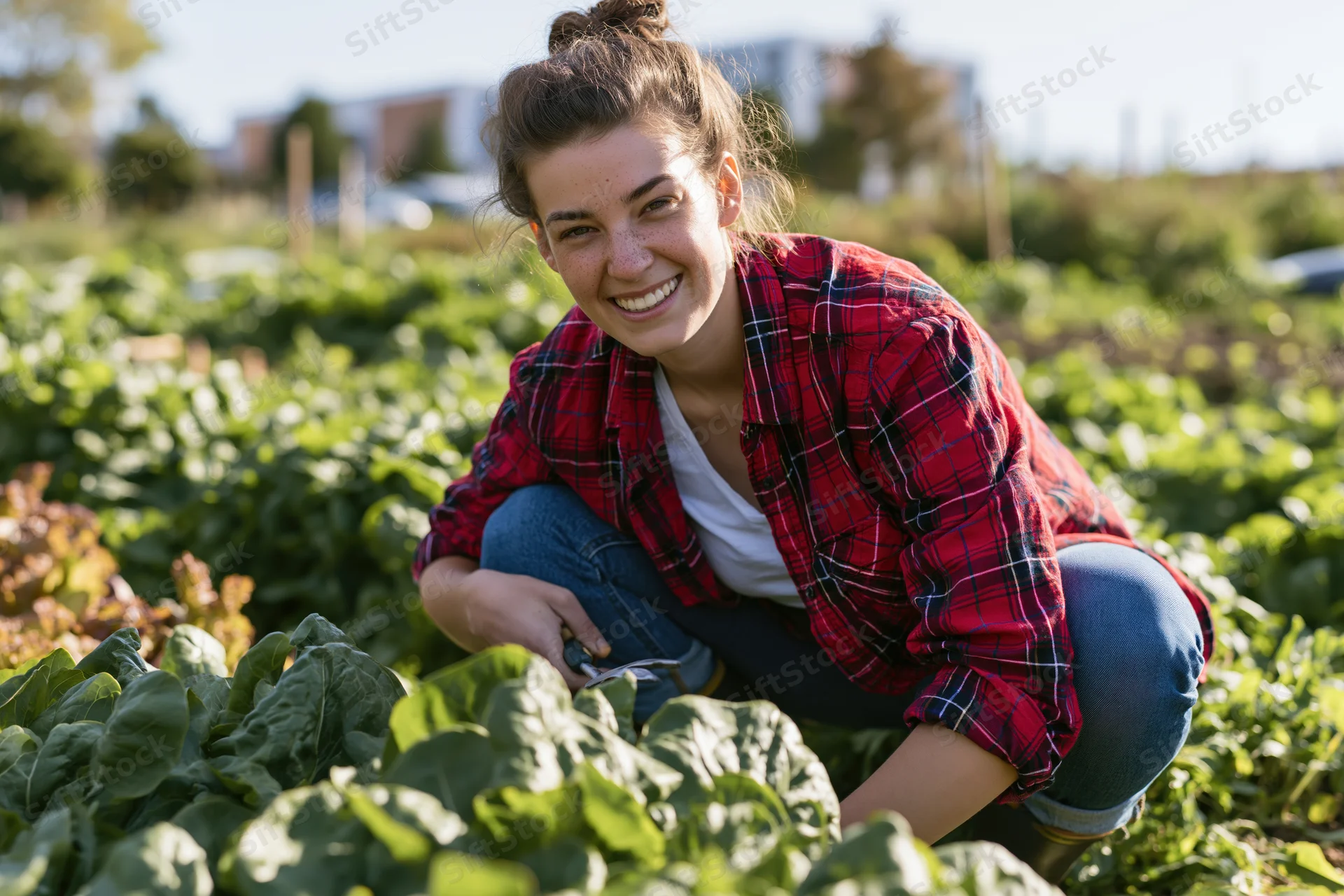 Young woman smiling while tending lettuce in a garden field