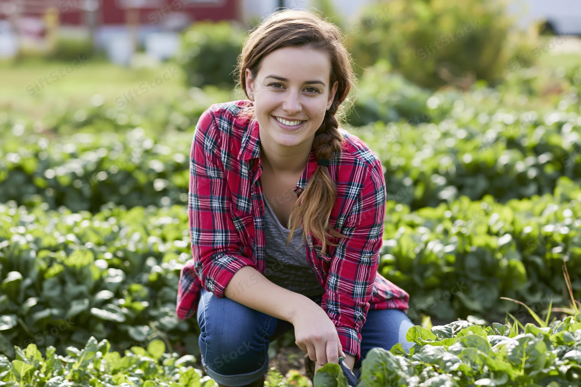 Young woman smiling while tending lettuce in a garden field
