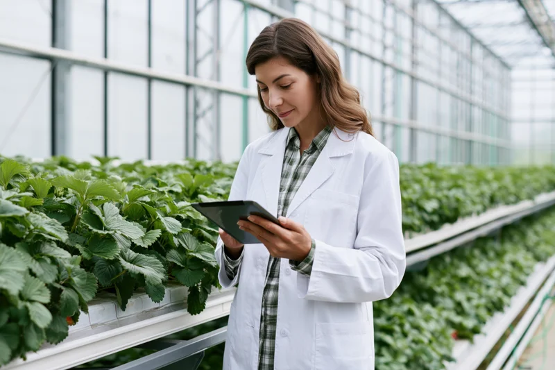 Woman in lab coat using tablet to inspect strawberry plants in greenhouse