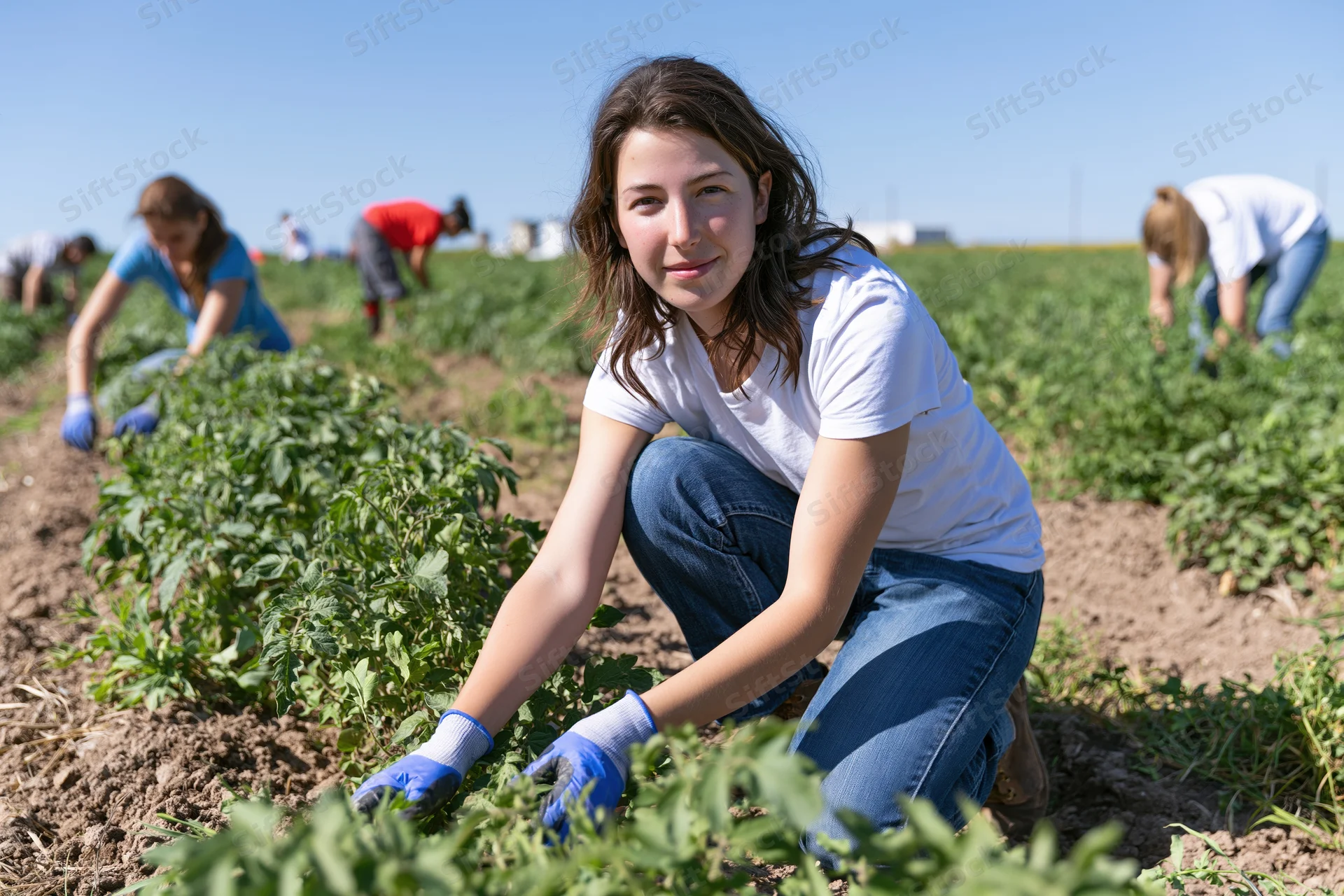 Young woman kneeling in a tomato field tending plants with others working in the background