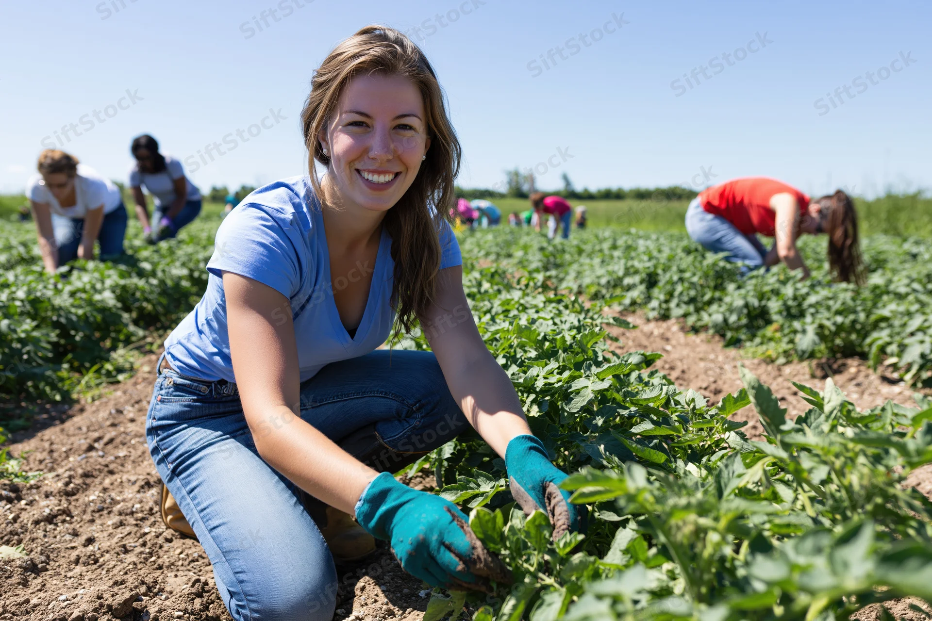 Woman kneeling in a tomato field tending plants with gloves on, surrounded by other workers in the background