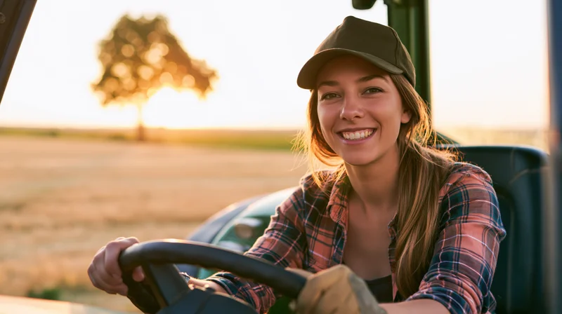 Young woman smiling while driving tractor in open field at sunset