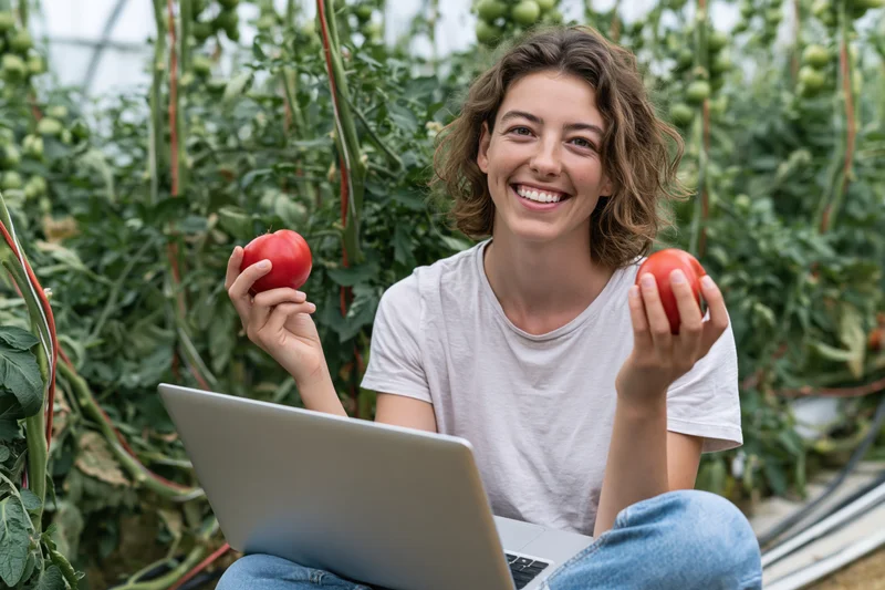 Young woman holding tomatoes while sitting with laptop in greenhouse