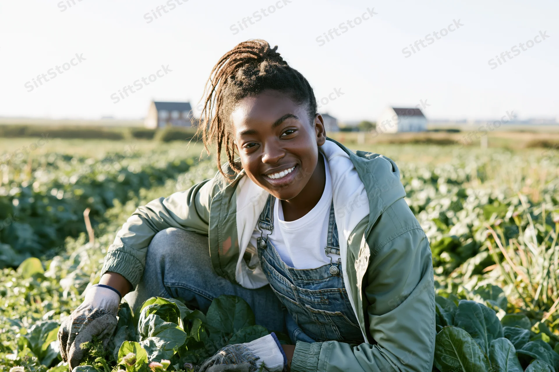 Young black woman smiling while tending leafy vegetables in a rural field