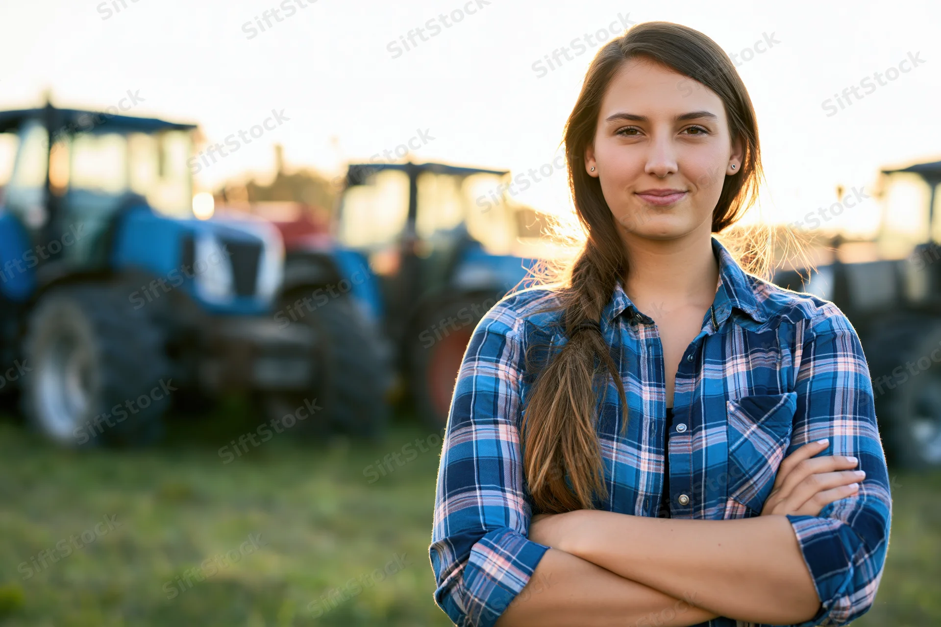 Young woman standing with arms crossed in a field with tractors behind her at sunset