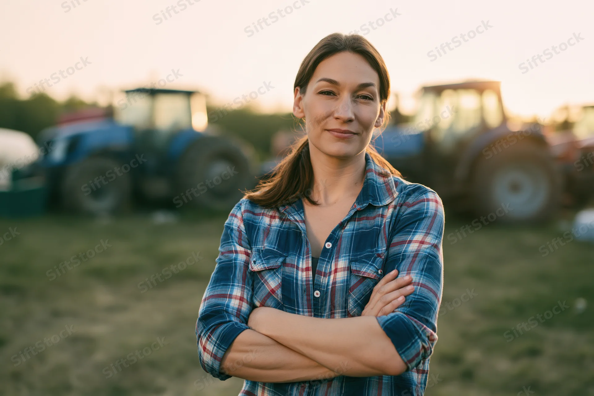 Woman standing in a field with arms crossed, tractors in background at sunset