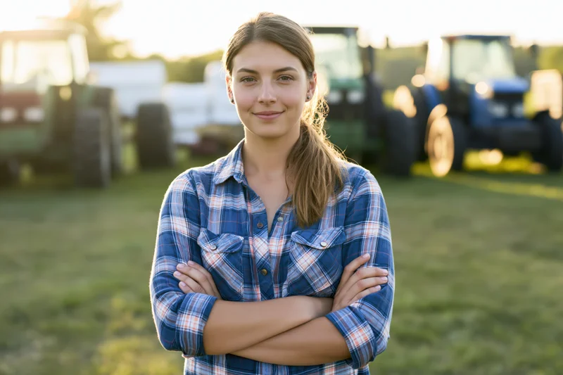 Young woman with arms crossed standing in a farm field with tractors in the background