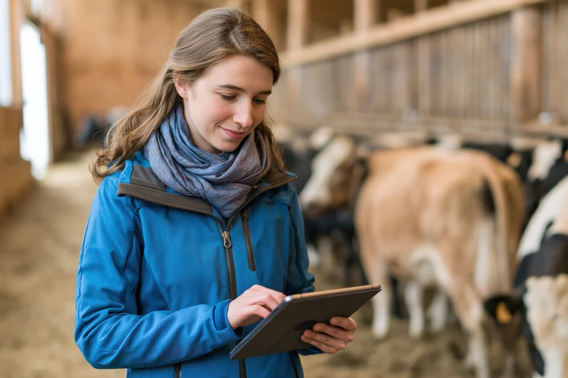 Young woman using tablet in barn with cows behind her