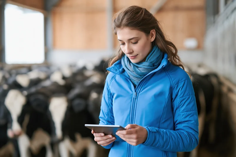 Young woman using tablet in barn with cattle behind her