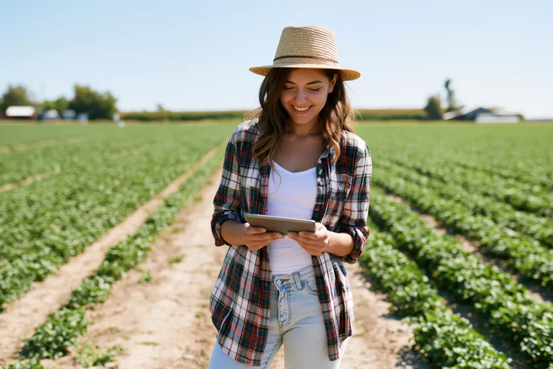 Young woman smiling while using tablet in a green crop field