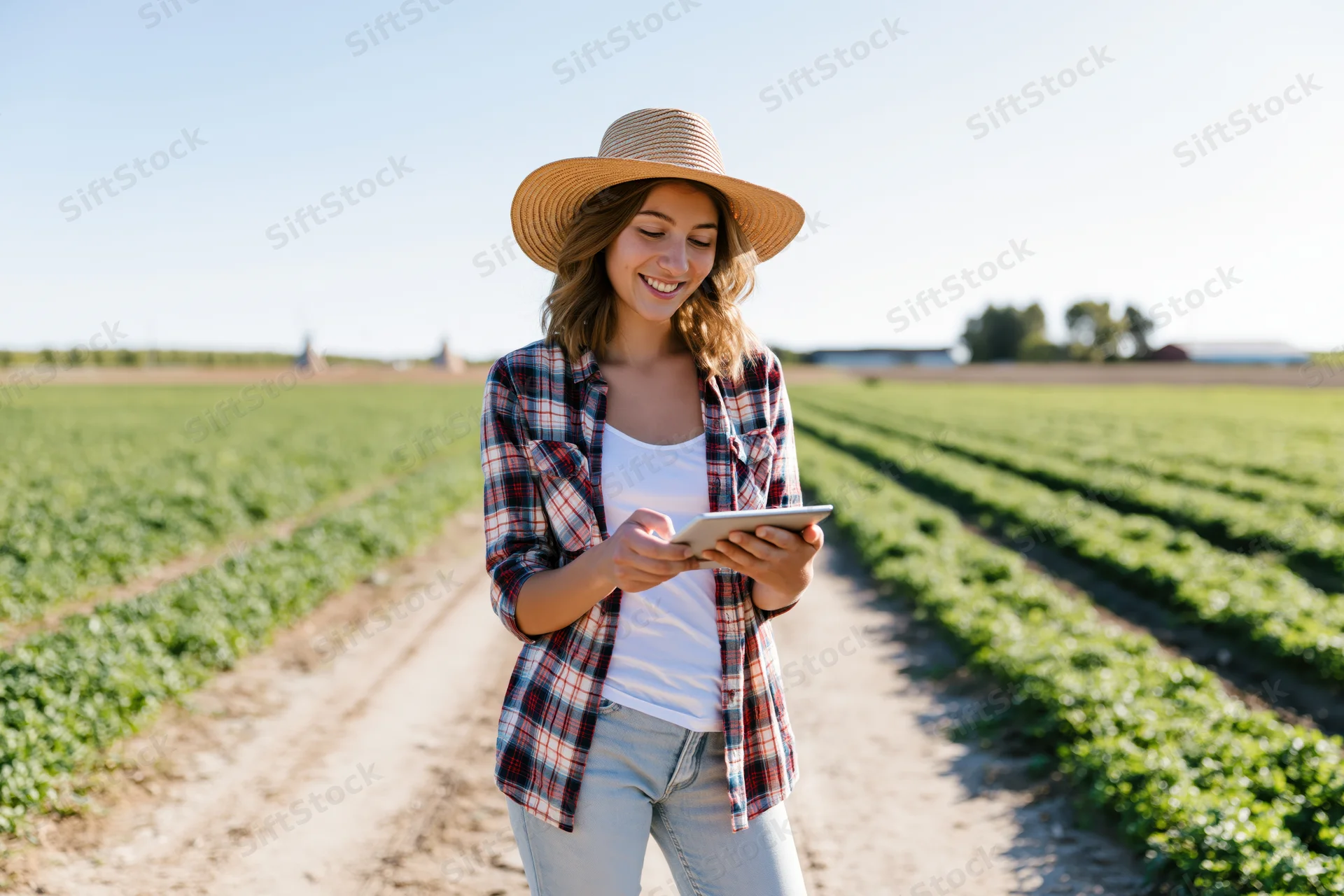 Young woman farmer smiling while using tablet in a green crop field