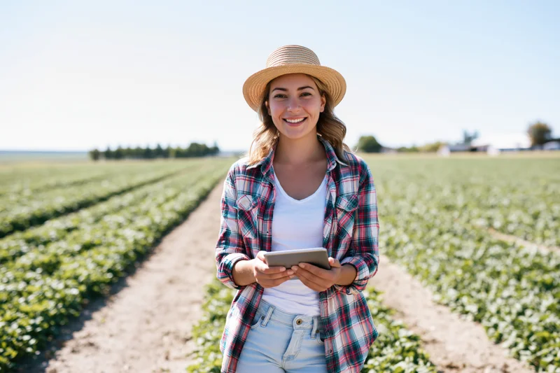 Young woman smiling while holding tablet in a strawberry field
