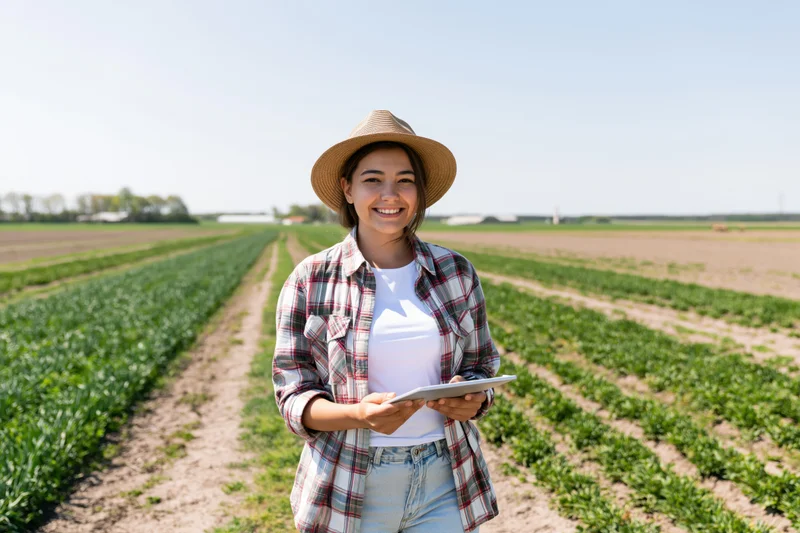 Young woman smiling while holding tablet in a crop field