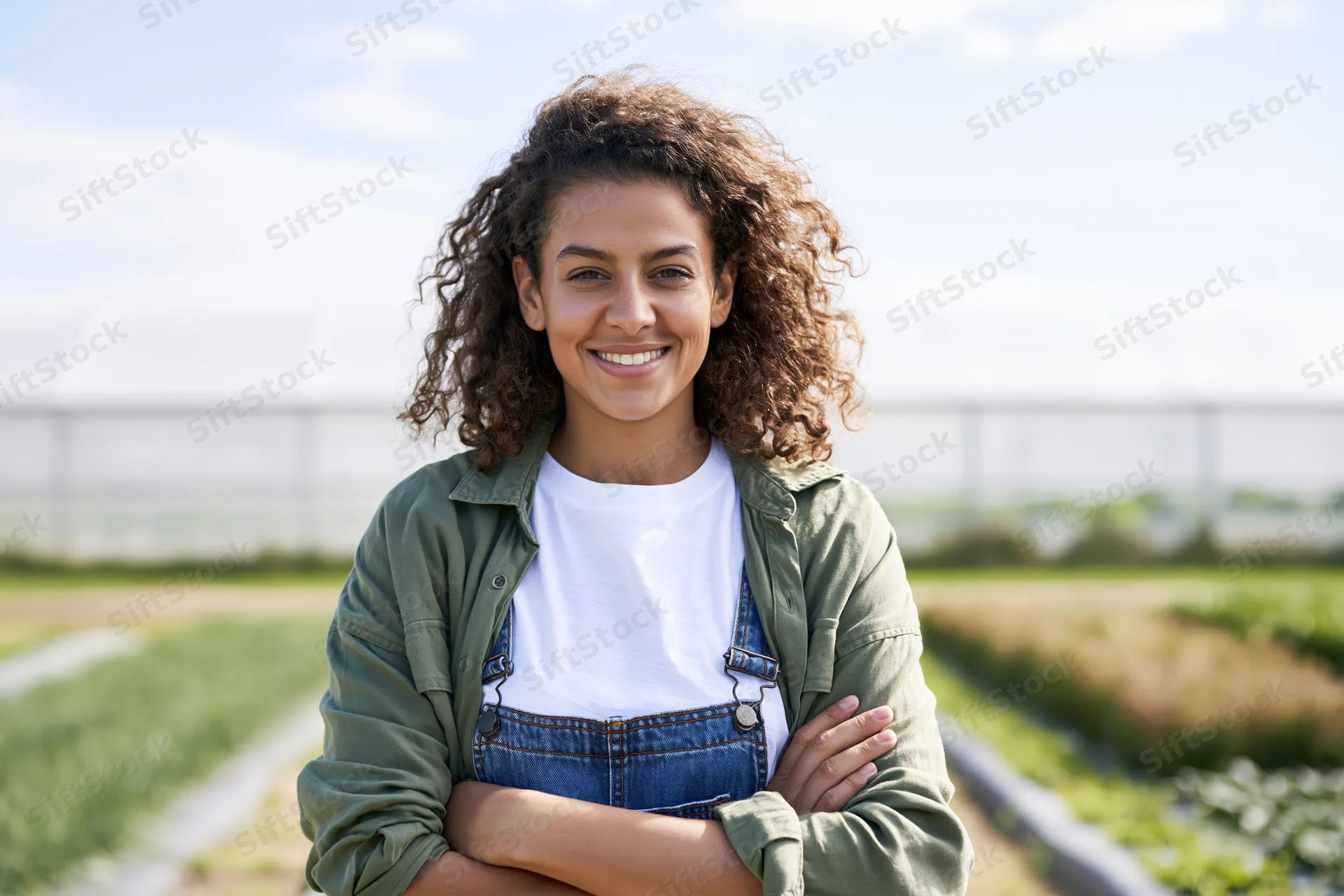 Young woman smiling with arms crossed in a farm field near greenhouse