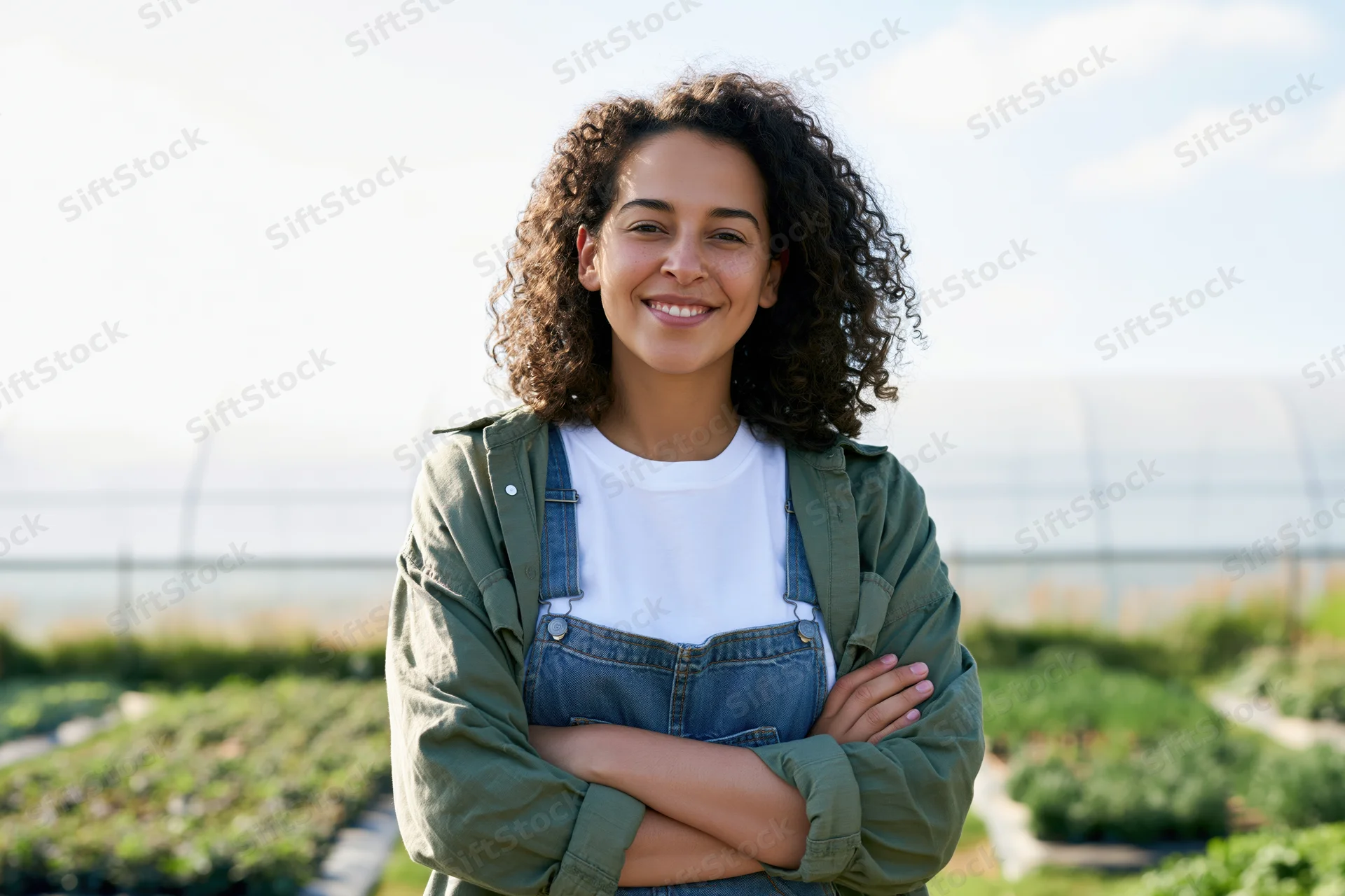 Young woman in overalls smiling with arms crossed in front of greenhouse garden