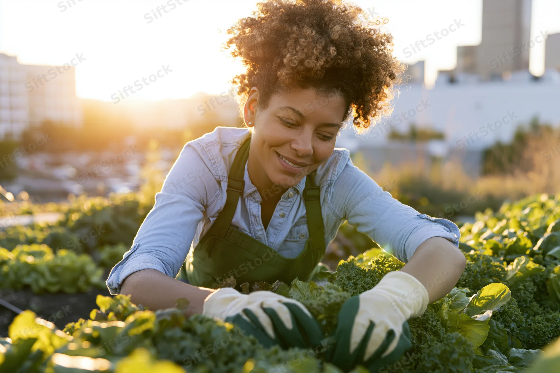 Young woman harvesting vegetables in an urban rooftop garden at sunset