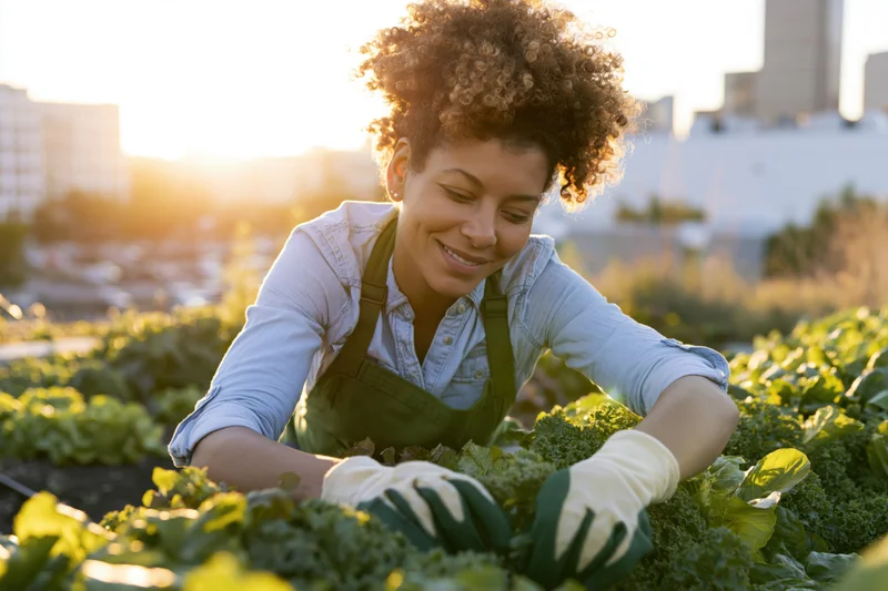 Young woman harvesting vegetables in an urban rooftop garden at sunset