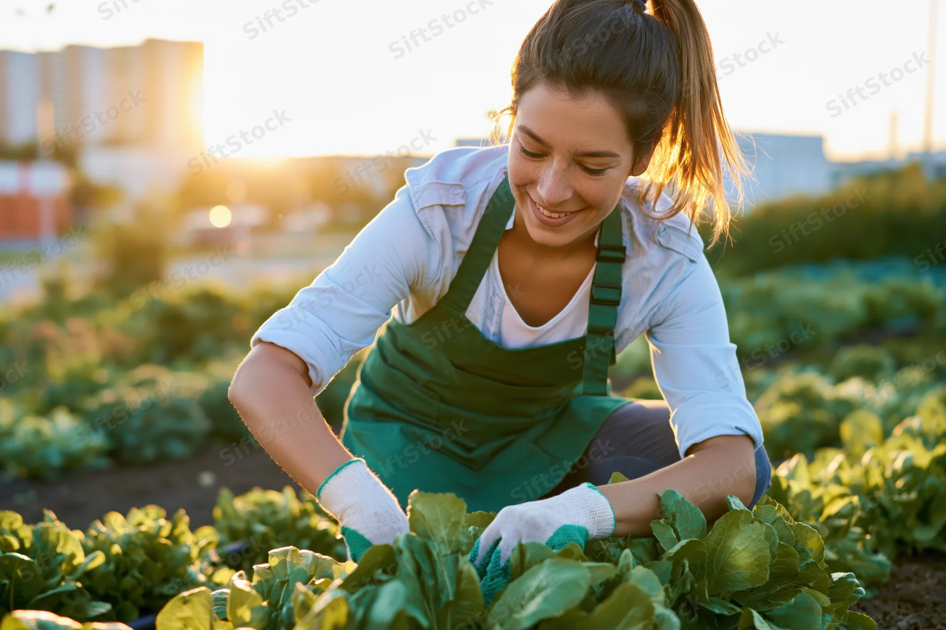 Young woman tending lettuce plants in an urban garden at sunset