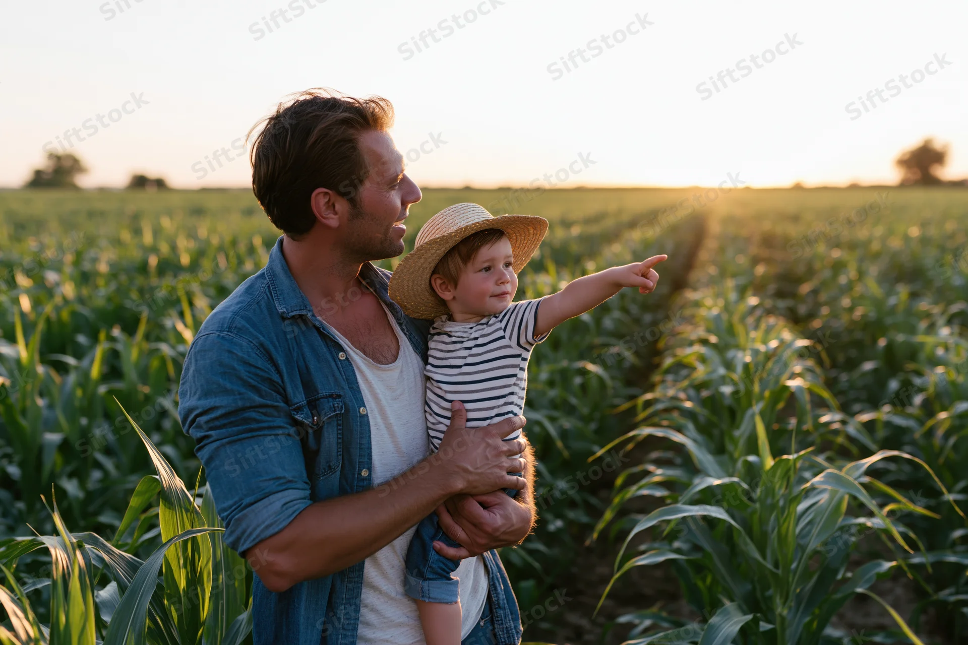 Father holding young child in cornfield at sunset, child pointing into distance