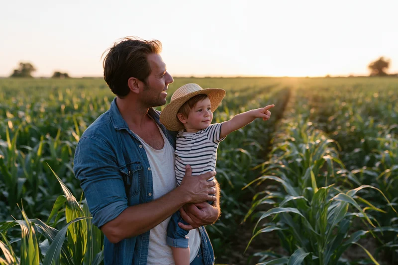 Father holding young child in cornfield at sunset, child pointing into distance