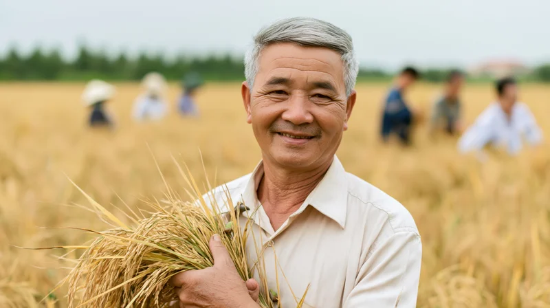 Senior asian farmer holding rice stalks in a golden field during harvest
